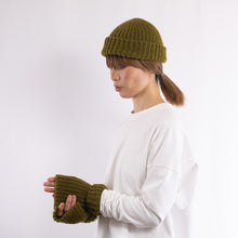 Load image into Gallery viewer, Baby alpaca mix crocheted rib finger less gloves in Olive