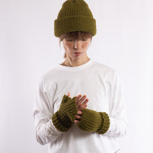 Load image into Gallery viewer, Baby alpaca mix crocheted rib finger less gloves in Olive