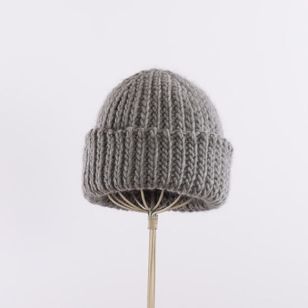 Wool/Alpaca roving yarn hand-crocheted big rib beanie in Gray
