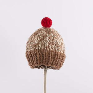 Hand knitted bulky pompom beanie in Camel x Red