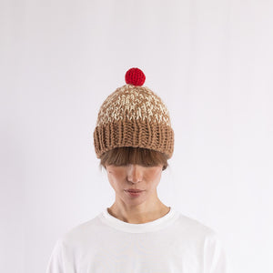Hand knitted bulky pompom beanie in Camel x Red