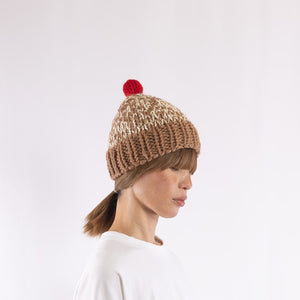 Hand knitted bulky pompom beanie in Camel x Red