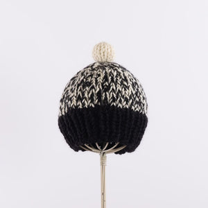 Hand knitted bulky pompom beanie in Black x Ivory