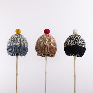 Hand knitted bulky pompom beanie in Camel x Red