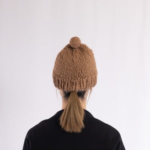 Hand knitted bulky pompom beanie in Camel