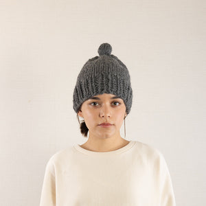 Hand knitted bulky pompom beanie in Gray