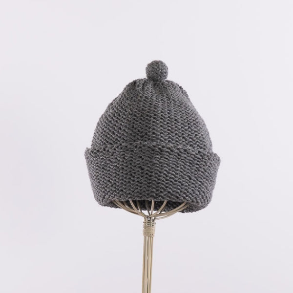 Purl stitch beanie with crocheted mini pompom in Mid-gray