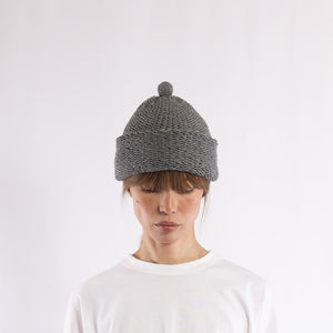 Purl stitch beanie with crocheted mini pompom in Mid-gray