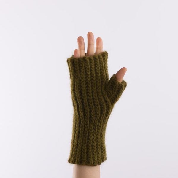 Baby alpaca mix crocheted rib finger less gloves in Olive