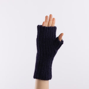 Baby alpaca mix crocheted rib finger less gloves in Navy