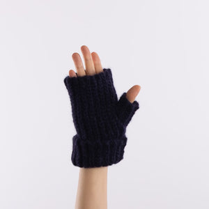 Baby alpaca mix crocheted rib finger less gloves in Navy