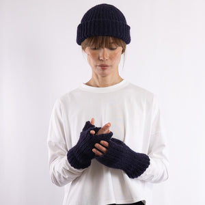Baby alpaca mix crocheted rib finger less gloves in Navy