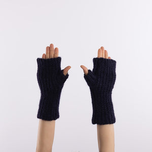 Baby alpaca mix crocheted rib finger less gloves in Navy