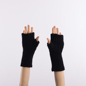 Baby alpaca mix crocheted rib finger less gloves in Black